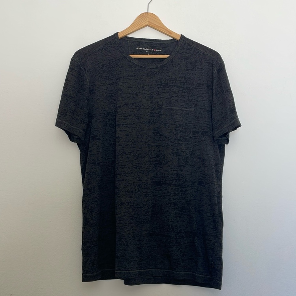 John Varvatos black T-shirt with burnout texture.